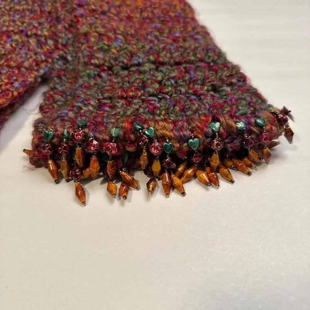 Vintage Boho Hand-Beaded Crochet‎ Scarf in Sunset Tones